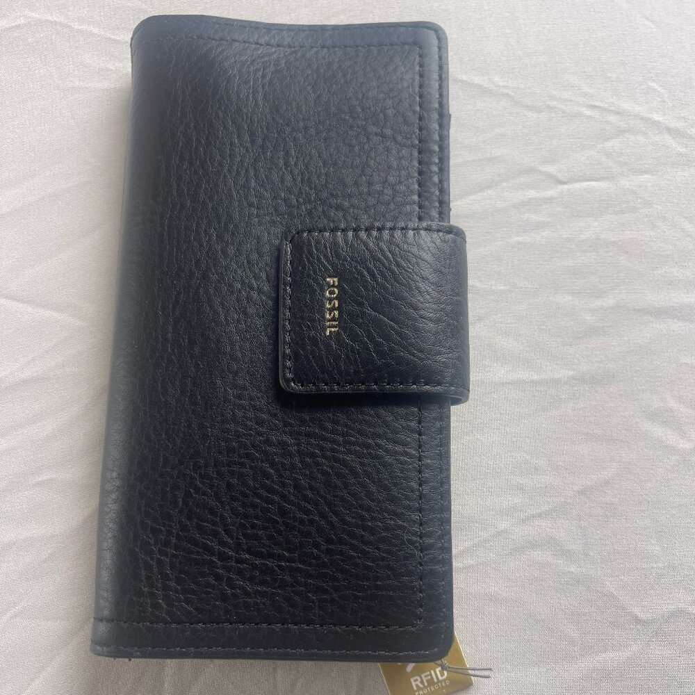 Fossil Logan RFID Leather Tab Clutch Wallet Black Gold Tone